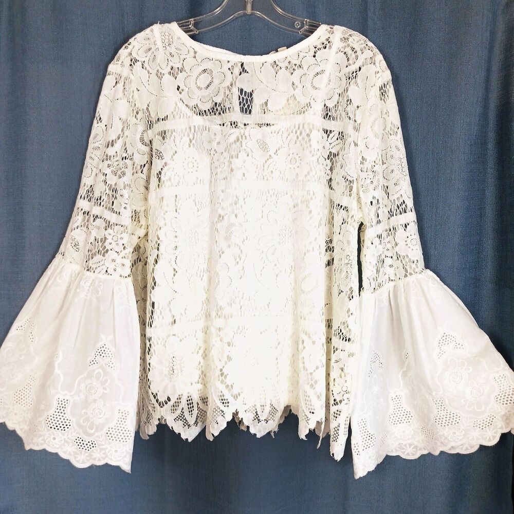 NWT Adiva White Lace Bell Sleeve Top w Camisole Size L